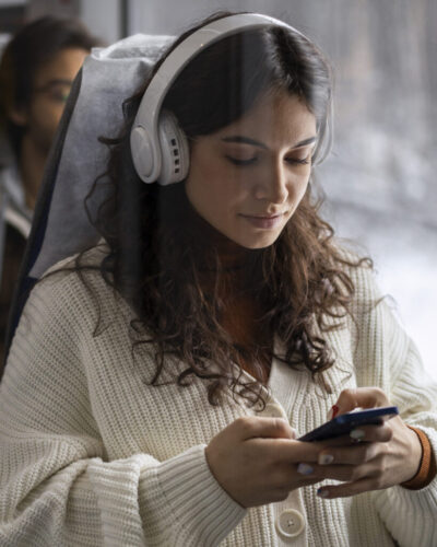 young woman with headphones on train